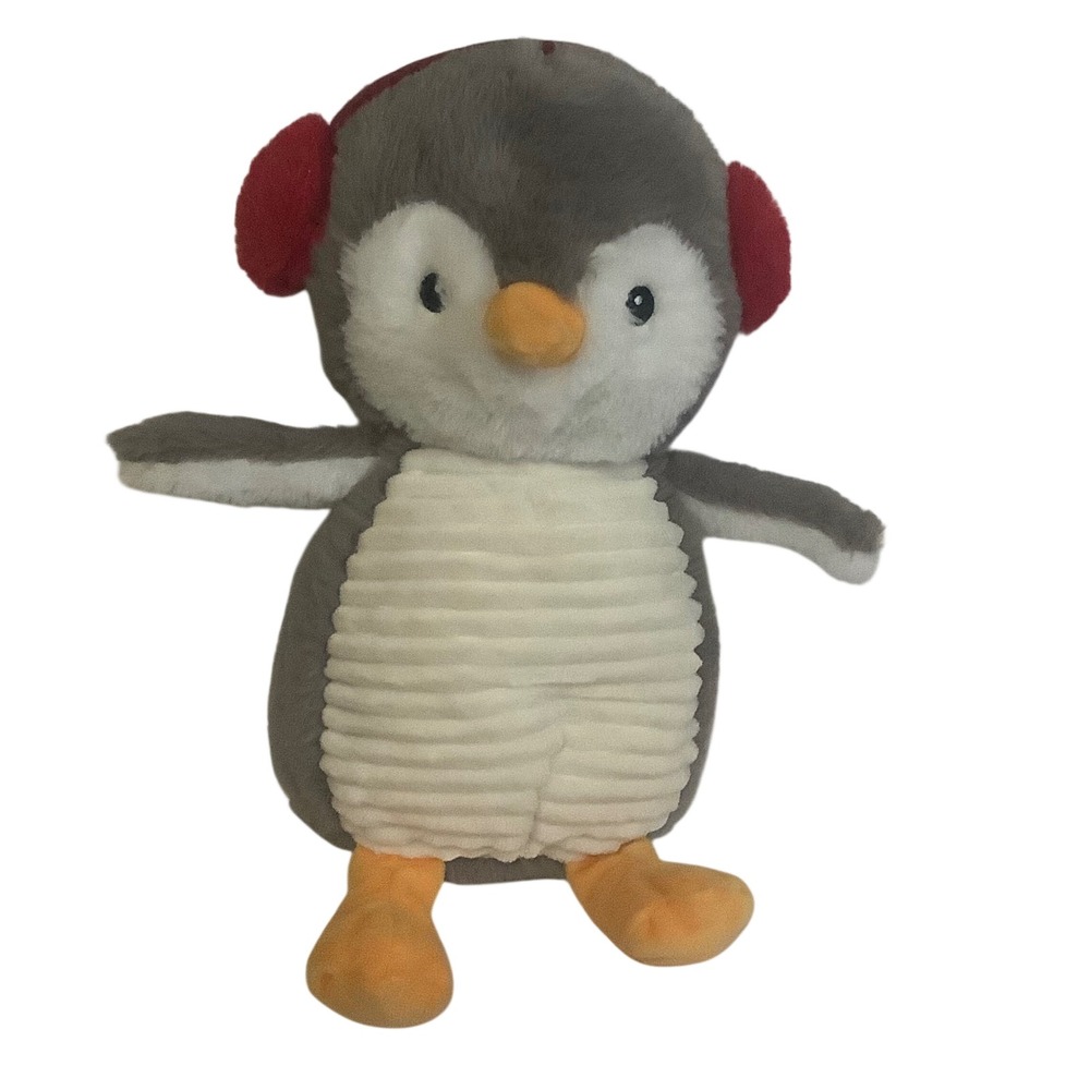 Spark Create Imagine Penguin Plush Stuffed Animal Grey White Red Earmuffs 14"